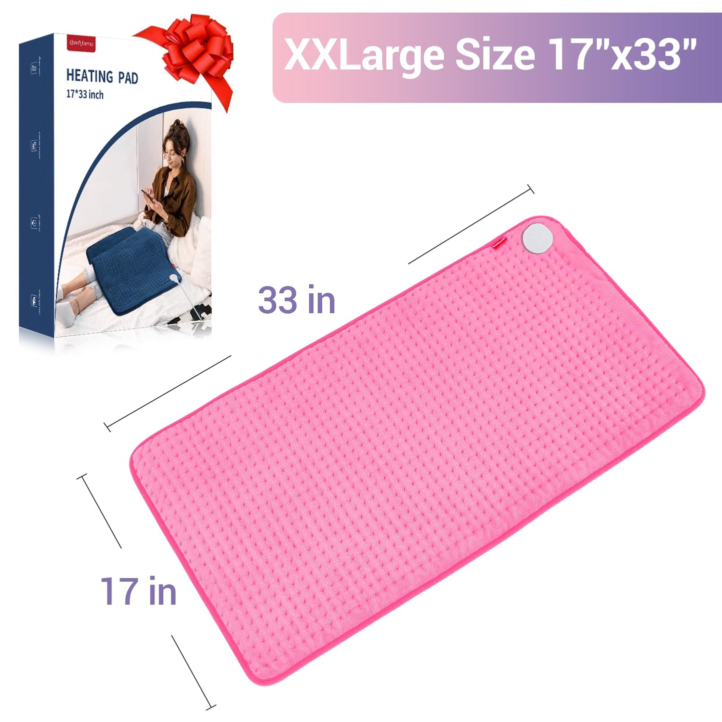 Comfytemp 17''x 33'' King Size Heating Pad for Back & Period, FSA Eligible Items Only List, HSA Approve Extra Large Cute Heating Pad XXL, Electric Heat Pad for Neck/Shoulder/Knee, Washable, Pink