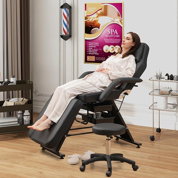 Giantex 72" Massage Bed with Hydraulic Stool, 3-Section Tattoo Chair with Adjustable Backrest, Legrest & Storage Boxes, Facial Chair for Professional Massage Lash Beauty Treatment Spa (Black)