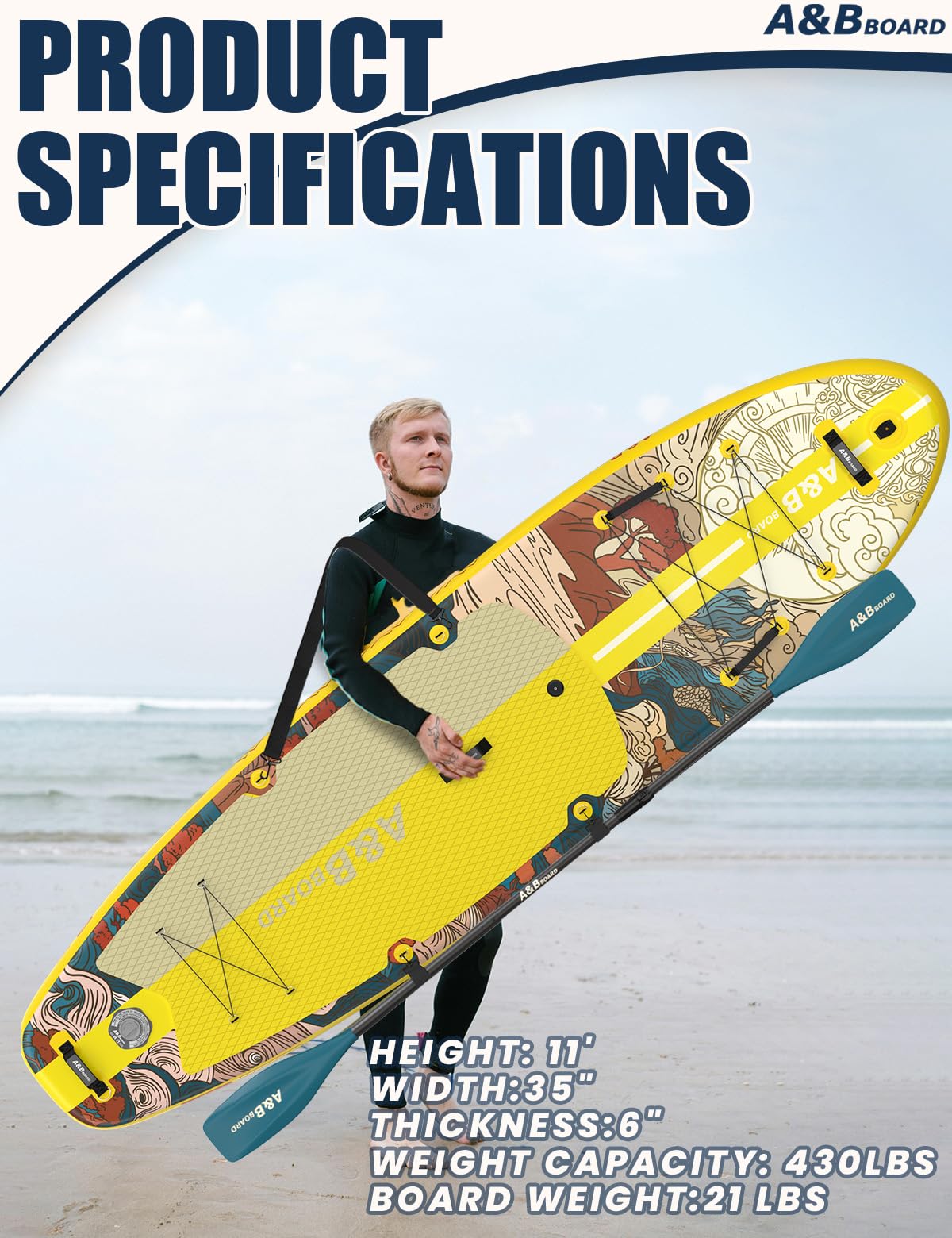 ABBOARD Inflatable Stand Up Paddle Board - 11 Ft Extra Wide Fishing Paddleboard with Sup Accessories for Beginner Adults Youth