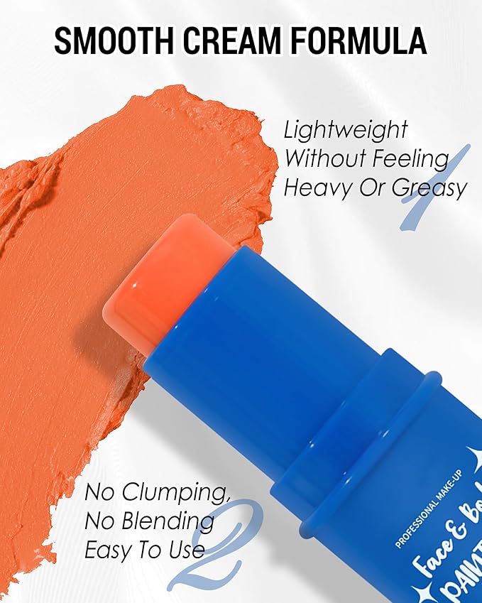 Orange Face Paint Stick, Waterproof Highly Pigmented Full Body Paint for Adults, Orange Eye Black Stick for Baseball Sports, Body Face Painting for SFX Cosplay Halloween Makeup-02