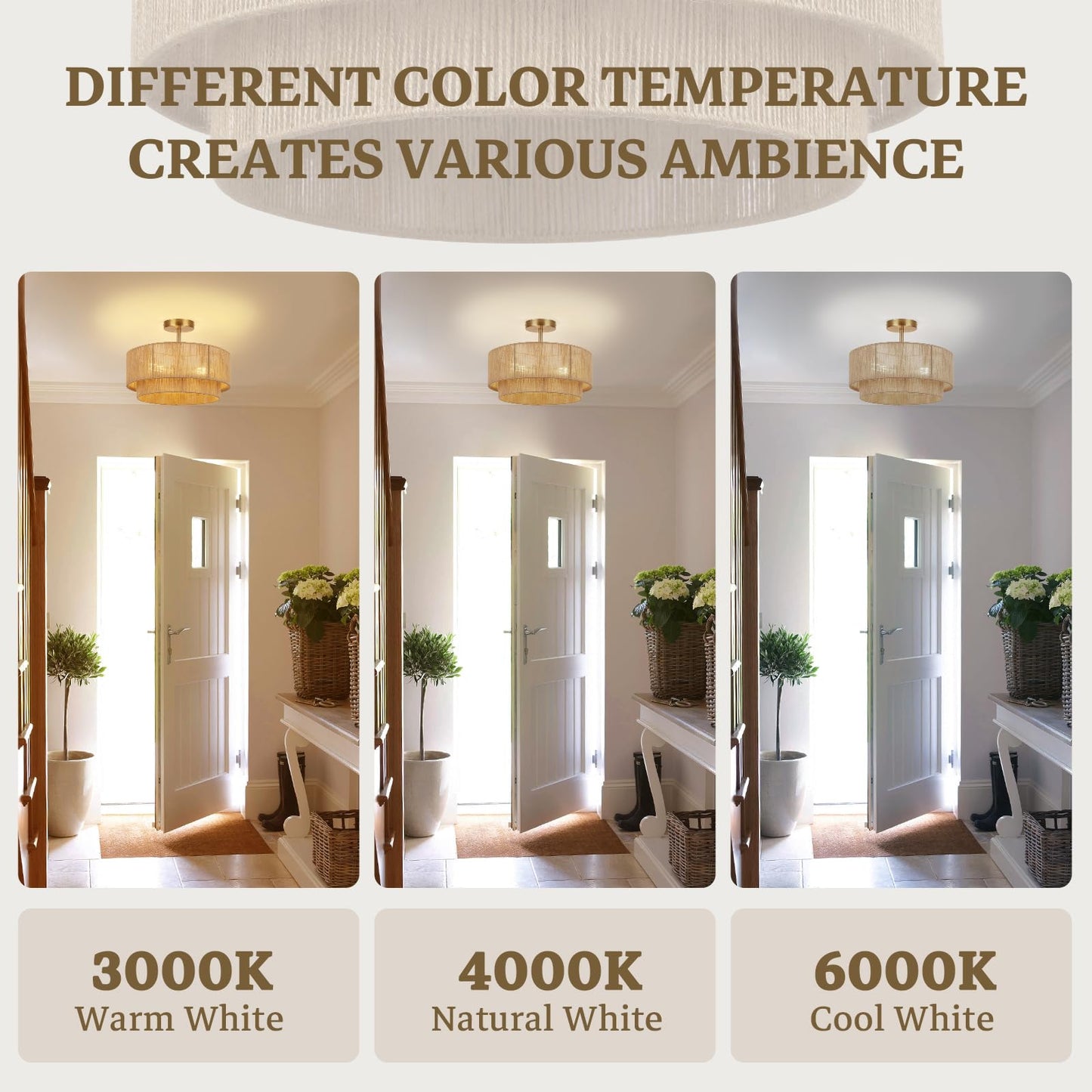 16'' Semi Flush Mount Ceiling Light,Boho Light Fixtures,3-Light Coastal Hemp Rope Ceiling Light Flush Mount with 2-Tier Drum Shade,Farmhouse Rattan Ceiling Lights for Bedroom, Kitchen,Living Room