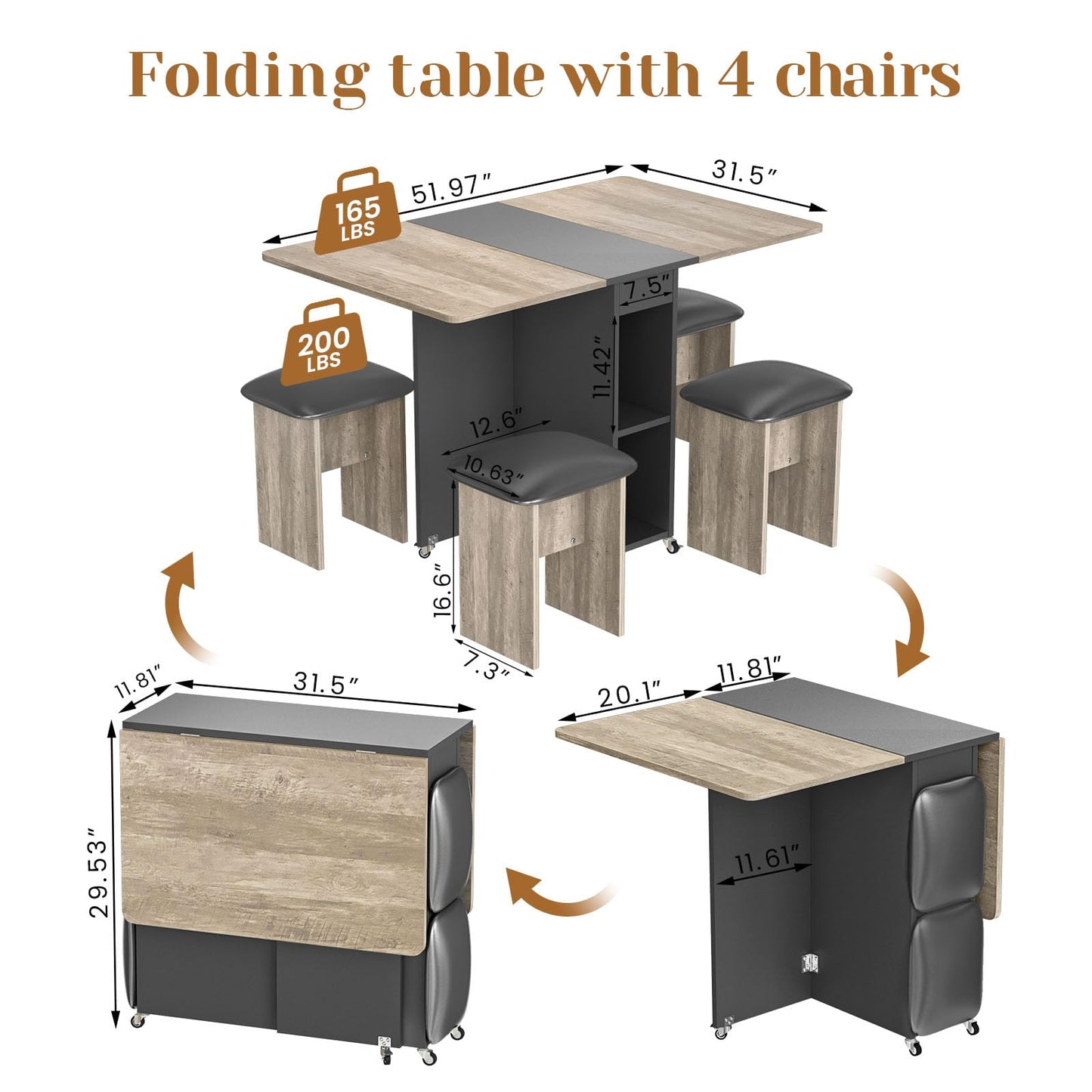 furlinkhm Folding Dining Table Set for 4, Dinner Table with 4 Leather Chairs and Shelves, Space Saving Foldable Dining Table with 6 Wheels, Kitchen Table for Small Spaces (Grey)