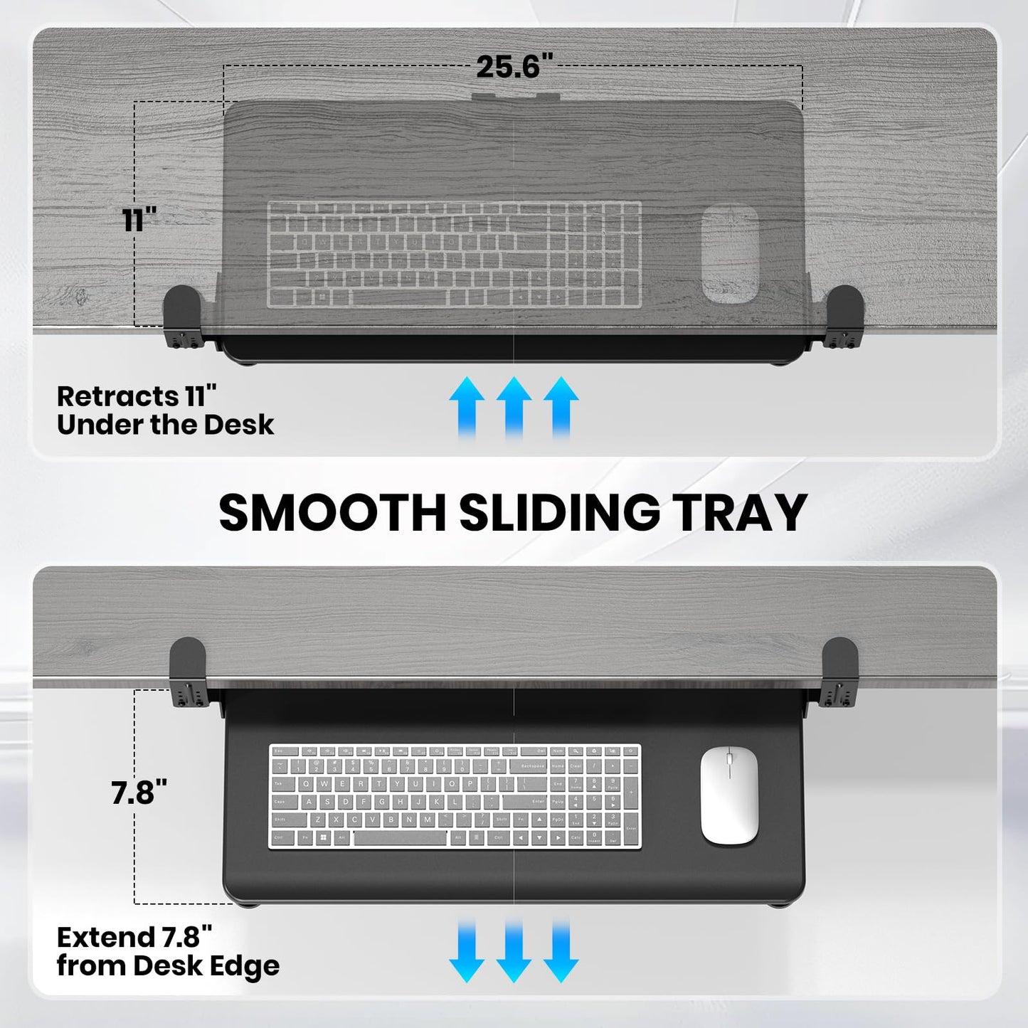 Keyboard Tray Under Desk, Pull Out Keyboard & Mouse Tray with Adjustable C-clamp, 25.6(31.5 Including Clamps) x 11.8 Inch Slide Out Computer Keyboard Drawer Mouse Tray for Typing, Black