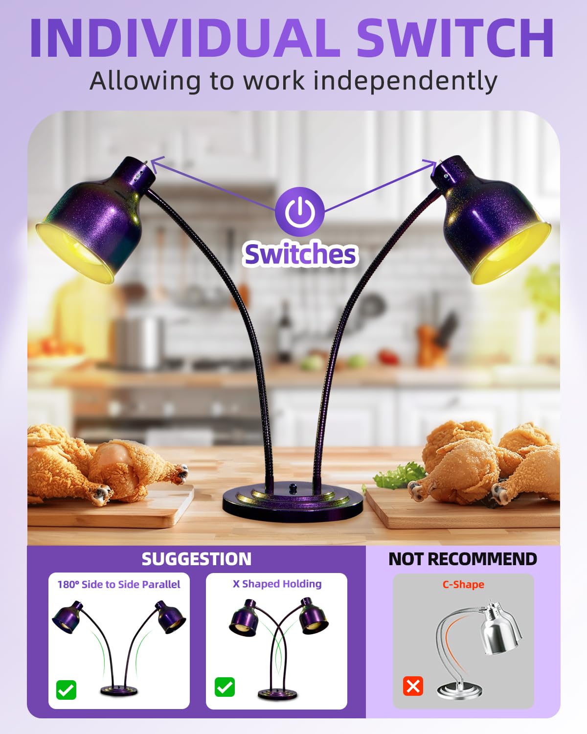 RVGMBO Food Heat Lamp - [3 Bulbs Included] [Rapid-Heating], 500W Commercial Food Warmer Light, Heat Lamp for Food Catering Warming Lamp for Buffet Parties, Purple-Green Gradient
