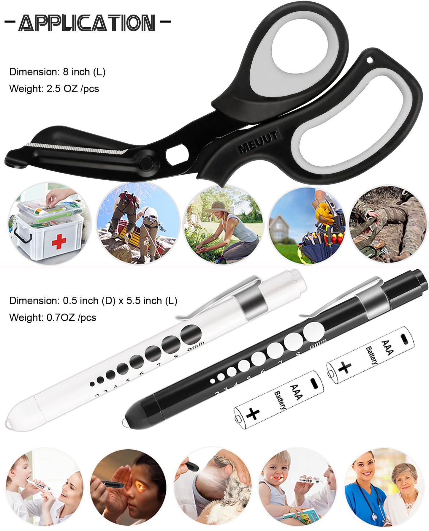 MEUUT 3 Pack Penlight & Medical Scissors- One 8 Inches Patented Trauma Shears Two LED Pen light with Four Batteries - Bandage Scissor for- Nurse, First Aid, EMT, Doctor