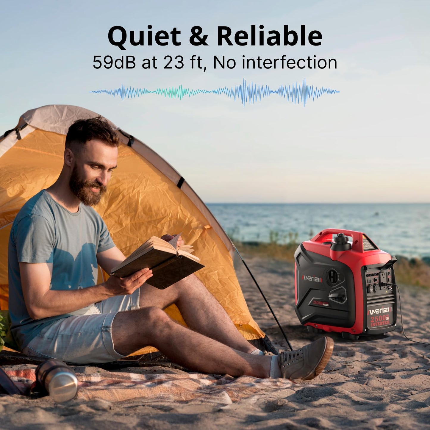 Amerisun 2500-Watt Gas Powered Portable Inverter Generator, Co Sensor, Super Quiet For Home Backup, Emergency, Camping, Epa Comp