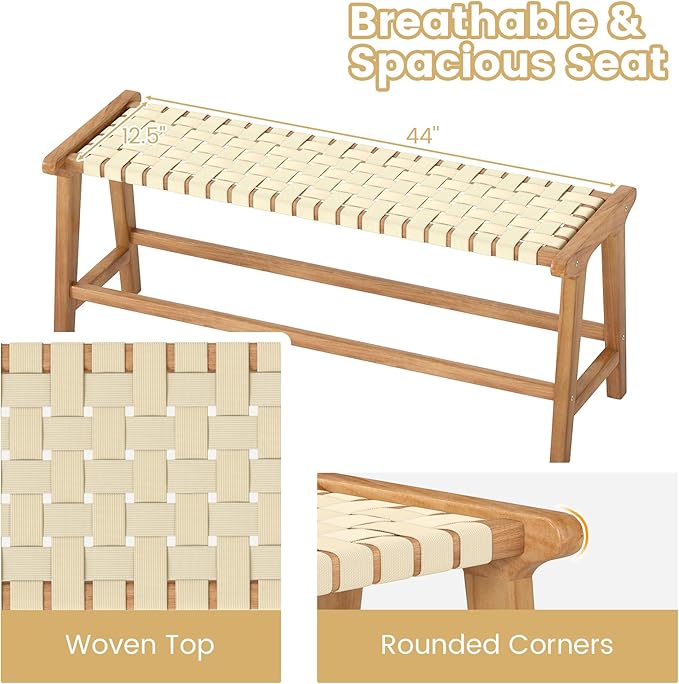 Tangkula Teak Wood Outdoor Bench, Patio Backless Wooden Dining Bench with Weave Seat, Solid Wood Legs, Indoor & Outdoor Wooden Bench for Porch, Backyard, Deck, Entryway (Natural,2)