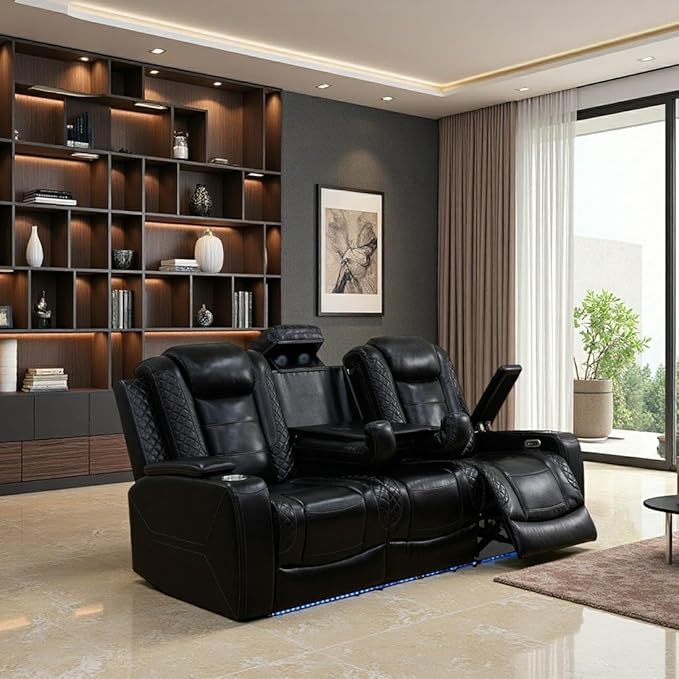 Toseslo Leather Reclining Sofa Set, Power Recliner Sofa Sectional Couches with Drop-Down Table, Living Room Furniture, Reclining Sofa with Cup Holders/Storage Console for House(Black)