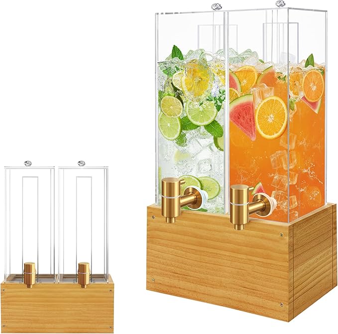 2 Pack 2 Gallon Drink Dispenser, Large Drink Dispenser with Wood Stand, Beverage Dispenser with Ice Core and Airtight Valv...