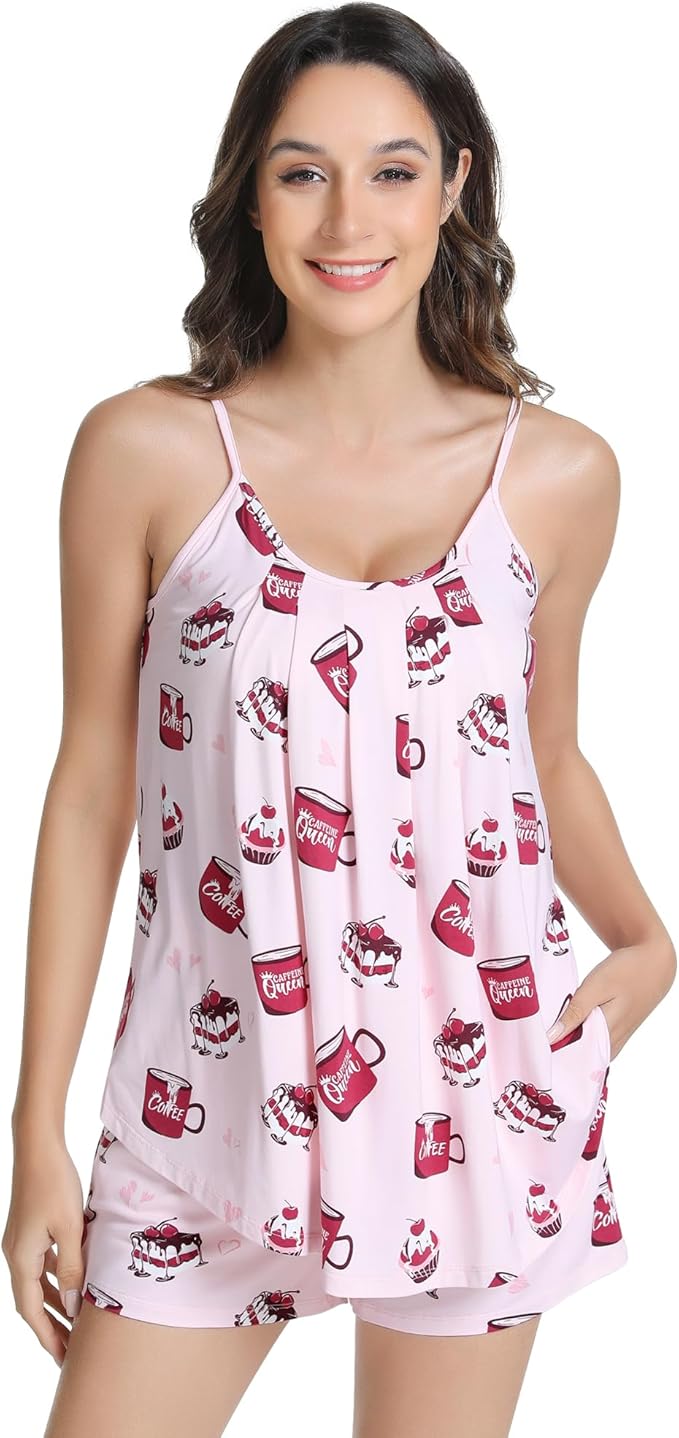 NACHILA Pajamas for Women-Viscose from Bamboo, Ribbed Racerback Tank Top Sexy Split Shorts Pajama Sets Cooling Sleep Cami Pjs