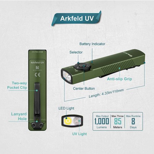 OLIGHT Arkfeld UV Rechargeable EDC Flashlight, 1000 Lumens White LED and 365nm Blacklight Combo for Outdoors, Emergency, Working, Pet Urine Detection (OD Green CW)