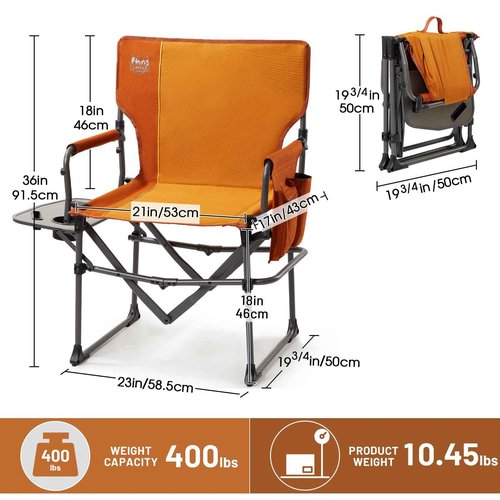 Timber Ridge Aluminum Camping Directors Chair with Side Table Pocket, Portable Folding Chair, Heavy Duty Lawn Chair for Fishing Trip Picnic Concert Outdoor 400lbs, Orange