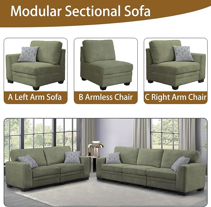 Legend Vansen Oversized Modular Sectional Sofa,5 Seat U Shaped Couch with Ottoman,Corduroy Sofa with Deep Seat,Convertible Large Sectional Couches for Living Room (Olive, 2+3)