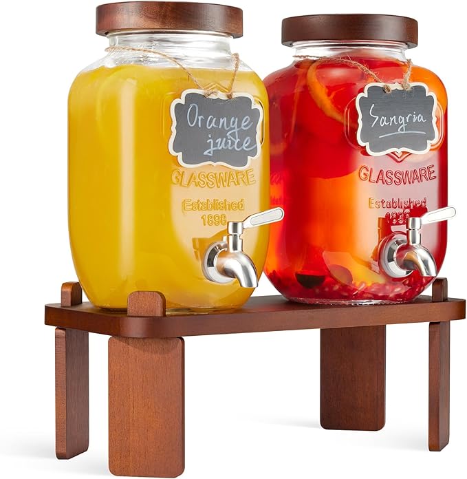 2PCS Large Drink Dispensers for Parties,Glass Beverage Dispenser with Wood Stand,Lemonade Drink Dispenser with Stainless S...