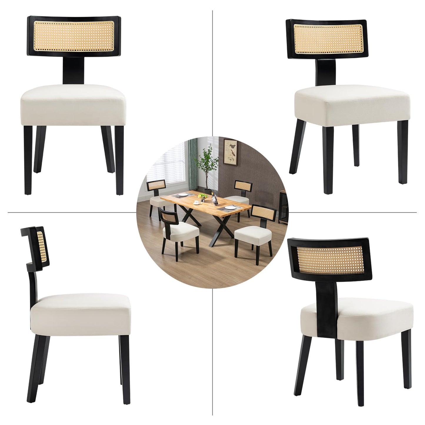 ZJhome Rattan Dining Chairs Set of 4, Mid-Century Modern Fabric Upholstered Dining Room Chairs with Black Hardwood Frame, Curved Backrest Kitchen Chair Armless Accent Chairs for Dining Room (Cream)