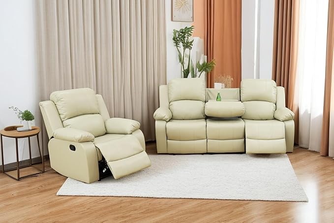 A Ainehome Living Room Furniture Set Bonded Leather Recliner Sofa Set Loveseat Chair Furniture Sofa Set for Living Room/Rv/House/Office/Theater Seating (A-Beige Leather, Sofa+Chair)