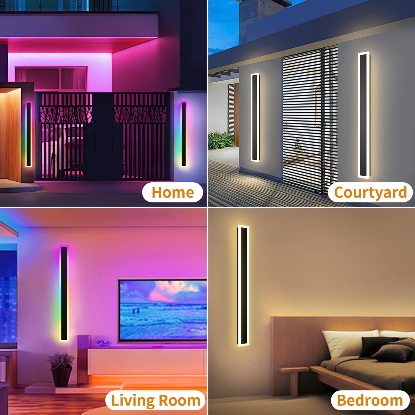 LannlKer Outdoor RGB Long Wall Lights, 39.4inch 2 Pack RGB/Warm/White Dimmable Modern Led Wall Lighting, Ip65 Waterproof Long Wall Sconce with Remote and APP Control for Outdoor/Indoor Party Gathering