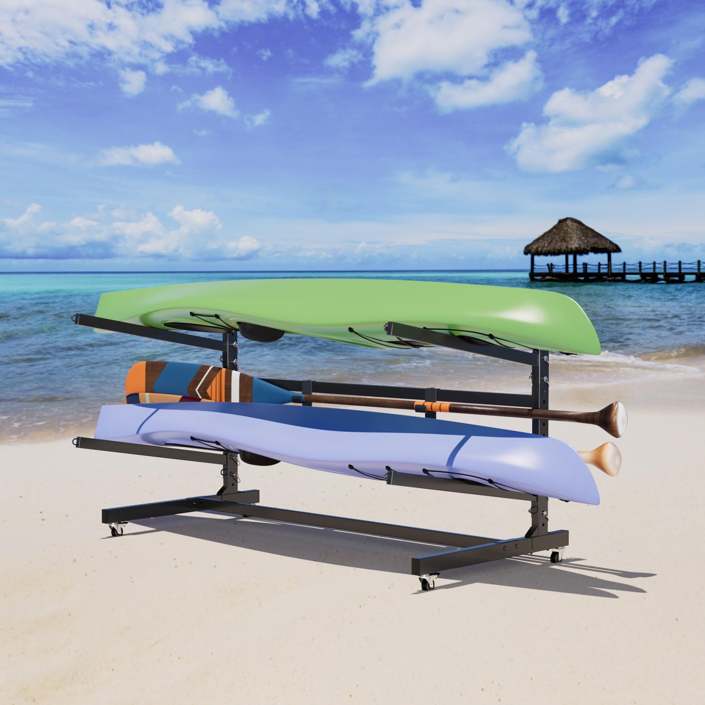 GangMei Kayak Storage Rack, Freestanding Kayak Stand with Wheels, Widen & Lengthen Heavy Duty Kayak Holder, Adjustable Canoes and Surfboards Bracket for Outdoor Indoor Storage, Assembly Required