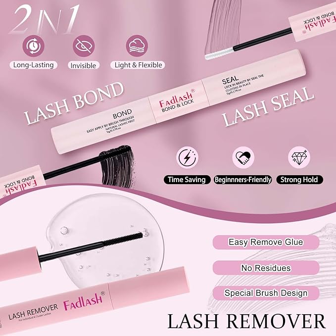 FADLASH Lash Clusters Kit 8-16mm Eyelash Cluster Lashes with Lash Bond and Seal Lash Remover Lash Tweezers DIY Lash Extension Kit (10D+20D-07C-8-16 Kit)