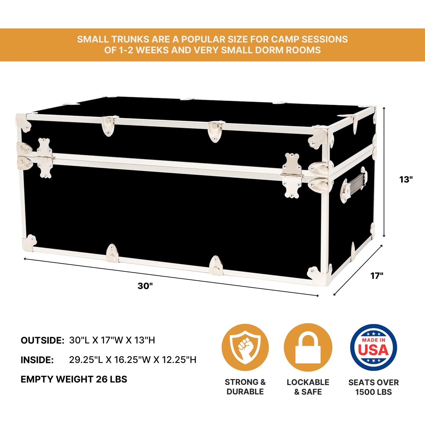 Rhino Trunk & Case Classic Camp & College Trunk with Wheels. 30"x17"x13", 1500+ lbs Capacity - Many Colors, Soft-Close Lid. Strong, USA Made Summer Camp Footlocker and Secure Dorm Storage Chest