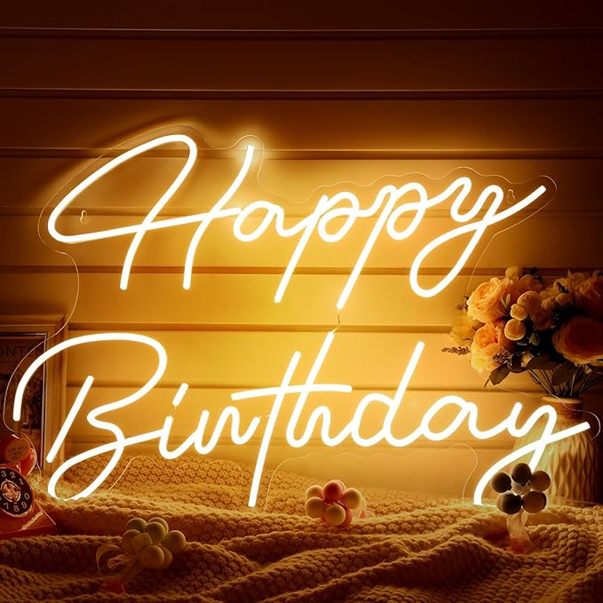 Tujoe 30" x 21" Happy Birthday Neon Sign Large Happy Birthday LED Neon Light Signs with Dimmable Switch 12V Power Adapter ...
