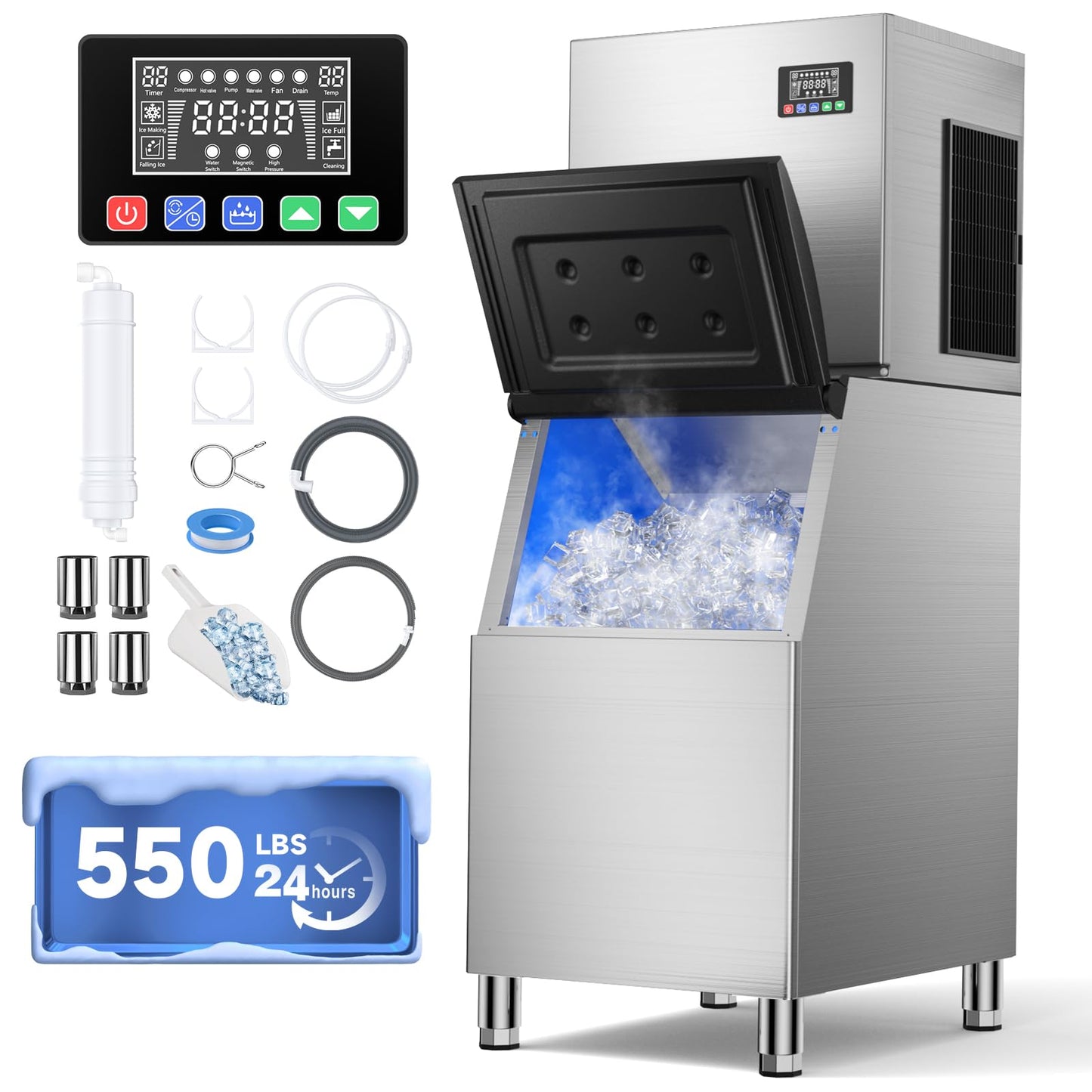 Commercial Ice Machine 550 LBS/24H, Commercial Ice Maker with 400 LBS Storage Bin, Ice Cubes Ready in 5-15 min, Freestanding Ice Maker Machine, Self-Cleaning, Thicknesses Adjustable, Stainless Steel