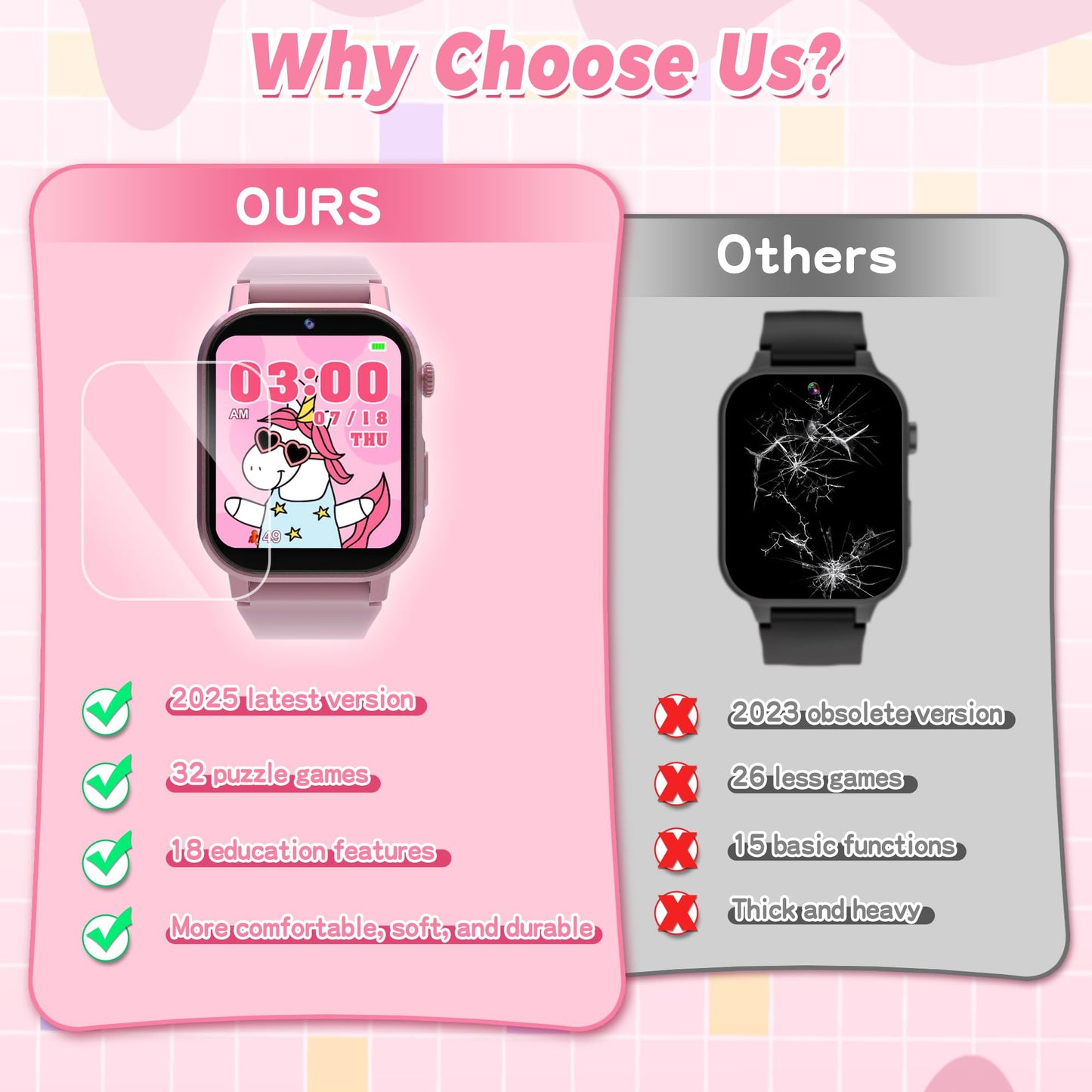 Kids Smart Watch Gifts for Girls Age 3-12, 32 Games HD Touch Screen Kids Watch with Camera Video Music Audiobook Pedometer Flashlight 12/24 hr Educational Toys Birthday Gift for Girls Ages 6 7 8 9 10