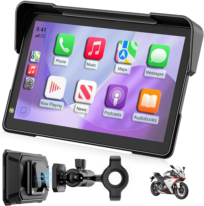YCV 7" Wireless Motorcycle CarPlay with Android Auto, HD Waterproof GPS Navigation System Touchscreen, Anti-Theft Design Q...