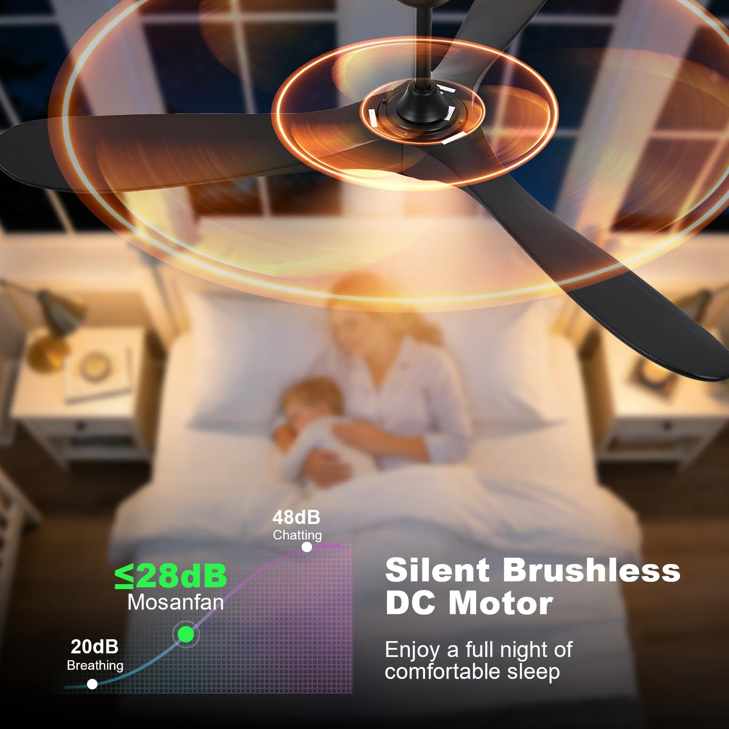 Mosanfan 52 Inch Ceiling Fans with Lights and Remote, Wood Outdoor Ceiling Fan with 6 Speed Noiseless DC Motor, Indoor Modern 3 Blade Propeller Ceiling Fan for Bedroom Living Room Gazebo Patio (Black)