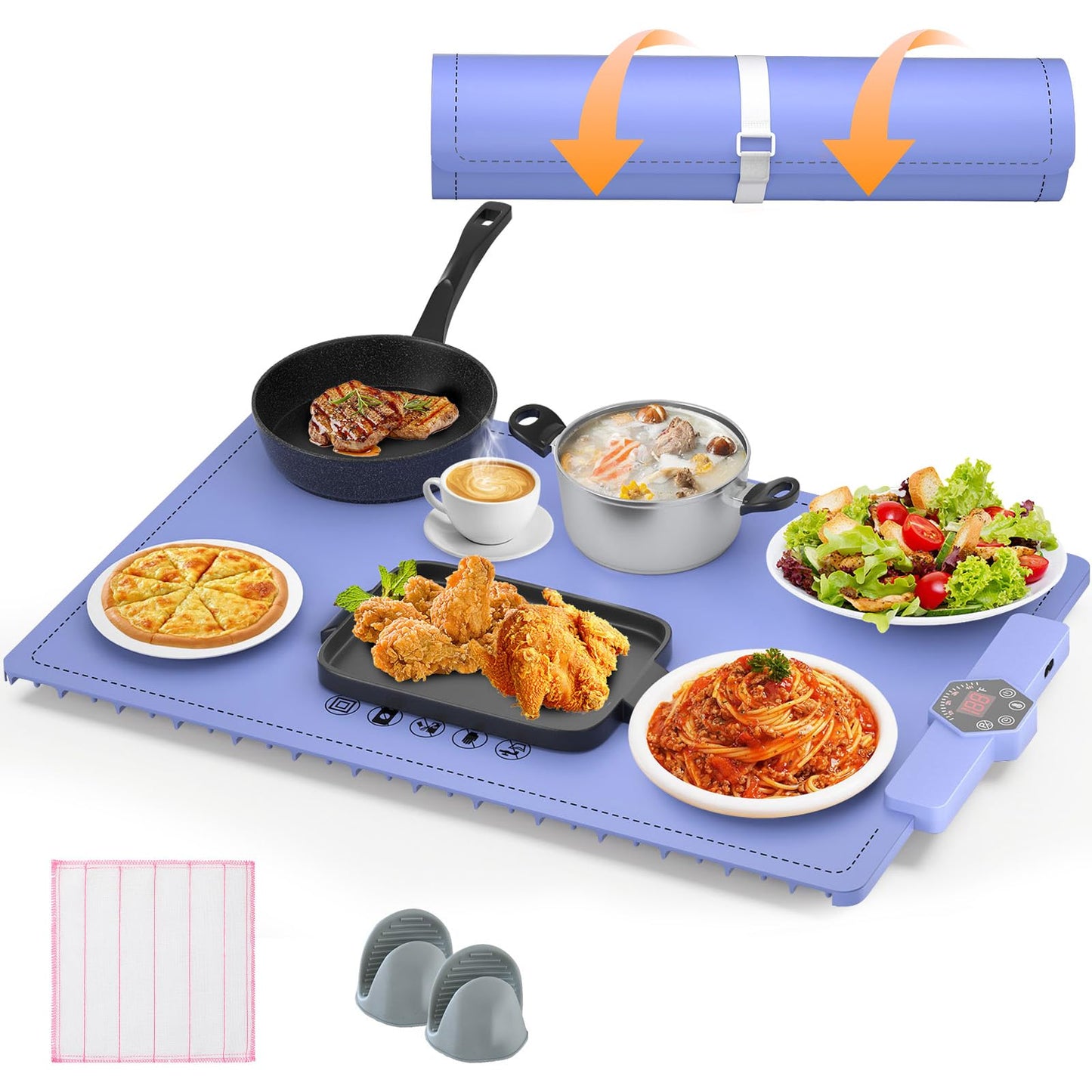 CJC Warming Mat for Food-Electric Warming Tray and Full Surface Heating,5 Temp Settings,4H Timer,Rollable Portable,24H Heating by Appointment,with 2M Cable,for Parties Gatherings Daily Use（Blue）