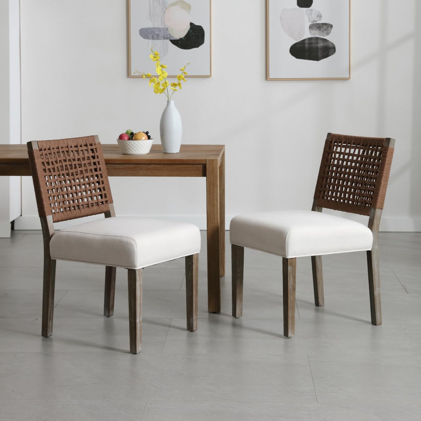 LZAREAL Farmhouse Dining Chairs Set of 2 Linen Fabric Upholstered Accent Side Chair, Mid Century Modern Kitchen & Dining Room Chairs with Woven Rope Back for Home, Living Room, Bedroom - Beige