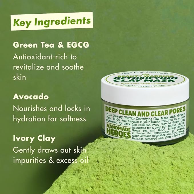 Handmade Heroes Green Tea EGCG Clay Mask – Facial Treatment Mask for Pore Minimizing, Oil Control & Calming. Detoxifying Clay Mask for Blemish Prone Skin