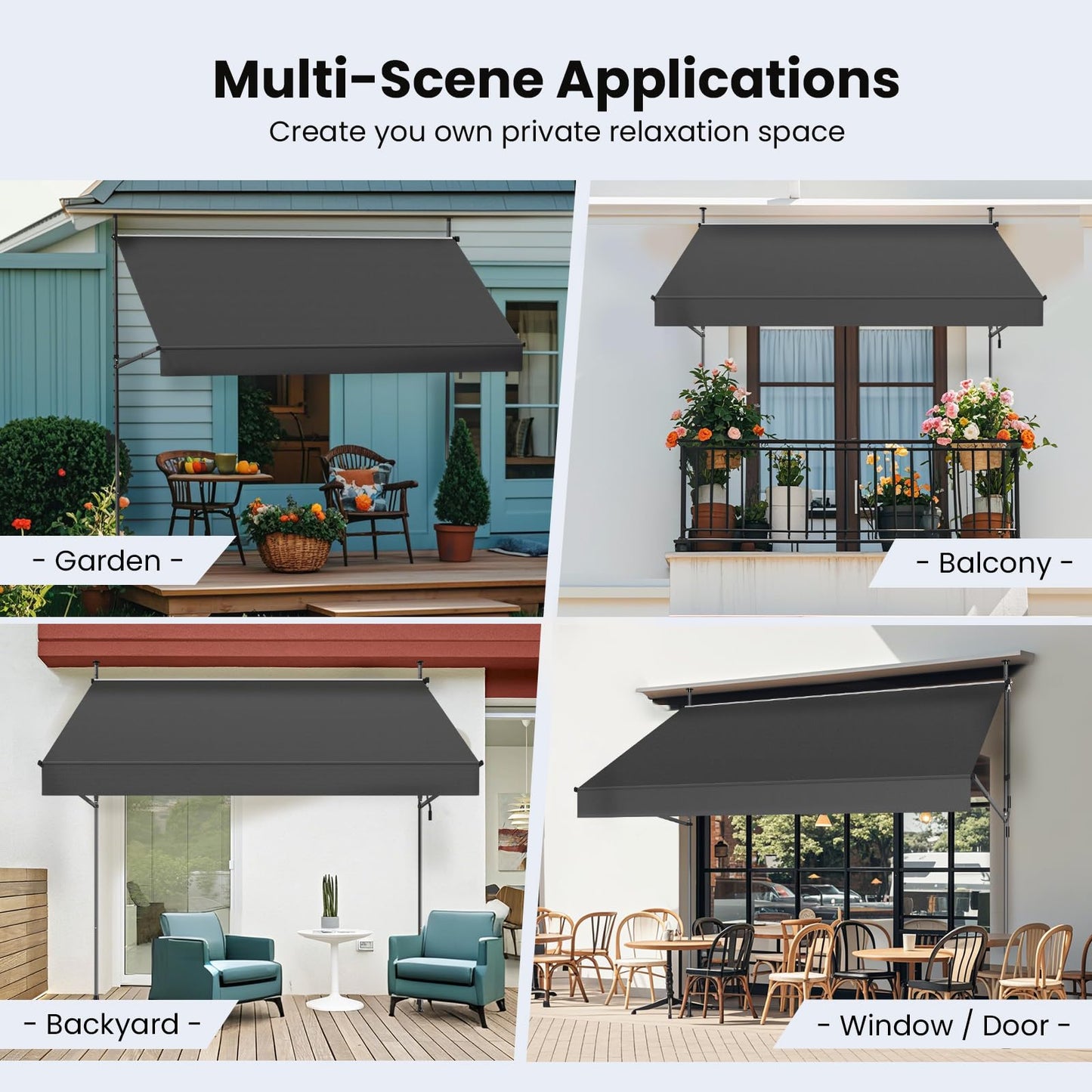 Grandekor Manual Retractable Awning,79"W x 118"H,No Drilling Outdoor Sun Shade Patio Awning,Adjustable Patio Door Window with UV 50+ Protection for Backyard,Garden,Balcony,Max Height 118",Carbon gray