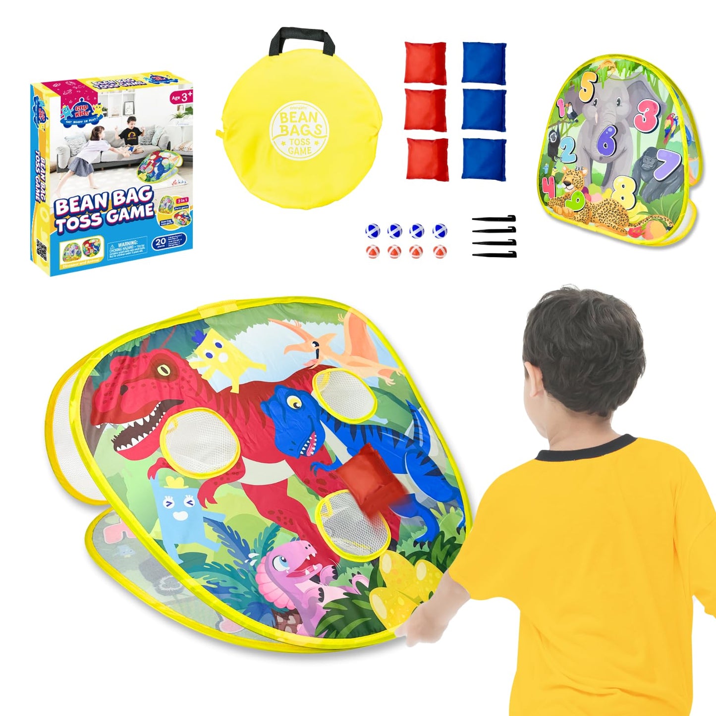 Grip Kids 2-in-1 Dinosaur & Animal Bean Bag Toss Game – Double-Sided 27" Target Board with 6 Bean Bags – Outdoor & Indoor Toy for Toddlers & Kids Ages 3-6 – Birthday Gift - Amazon Exclusive