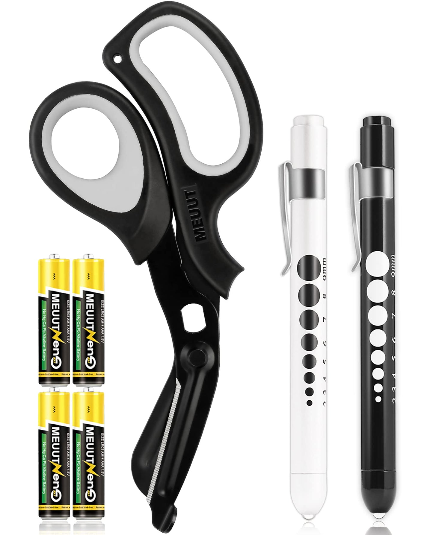 MEUUT 3 Pack Penlight & Medical Scissors- One 8 Inches Patented Trauma Shears Two LED Pen light with Four Batteries - Bandage Scissor for- Nurse, First Aid, EMT, Doctor