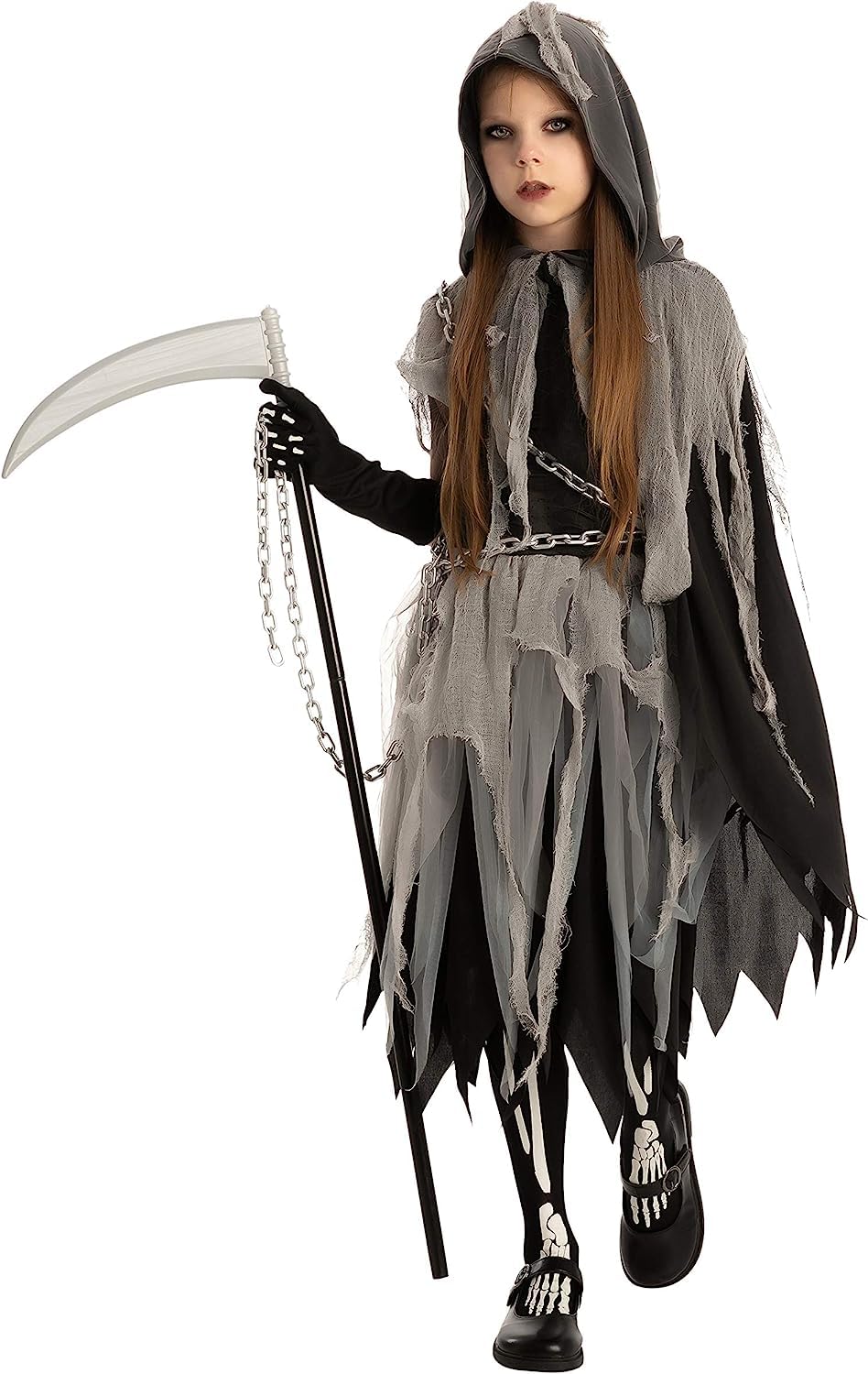 Spooktacular Creations Girl Grim Reaper Costume with Gloves and Tights Glow in the Dark, Scary Halloween Costume for Dress Up Party-M(8-10yr)