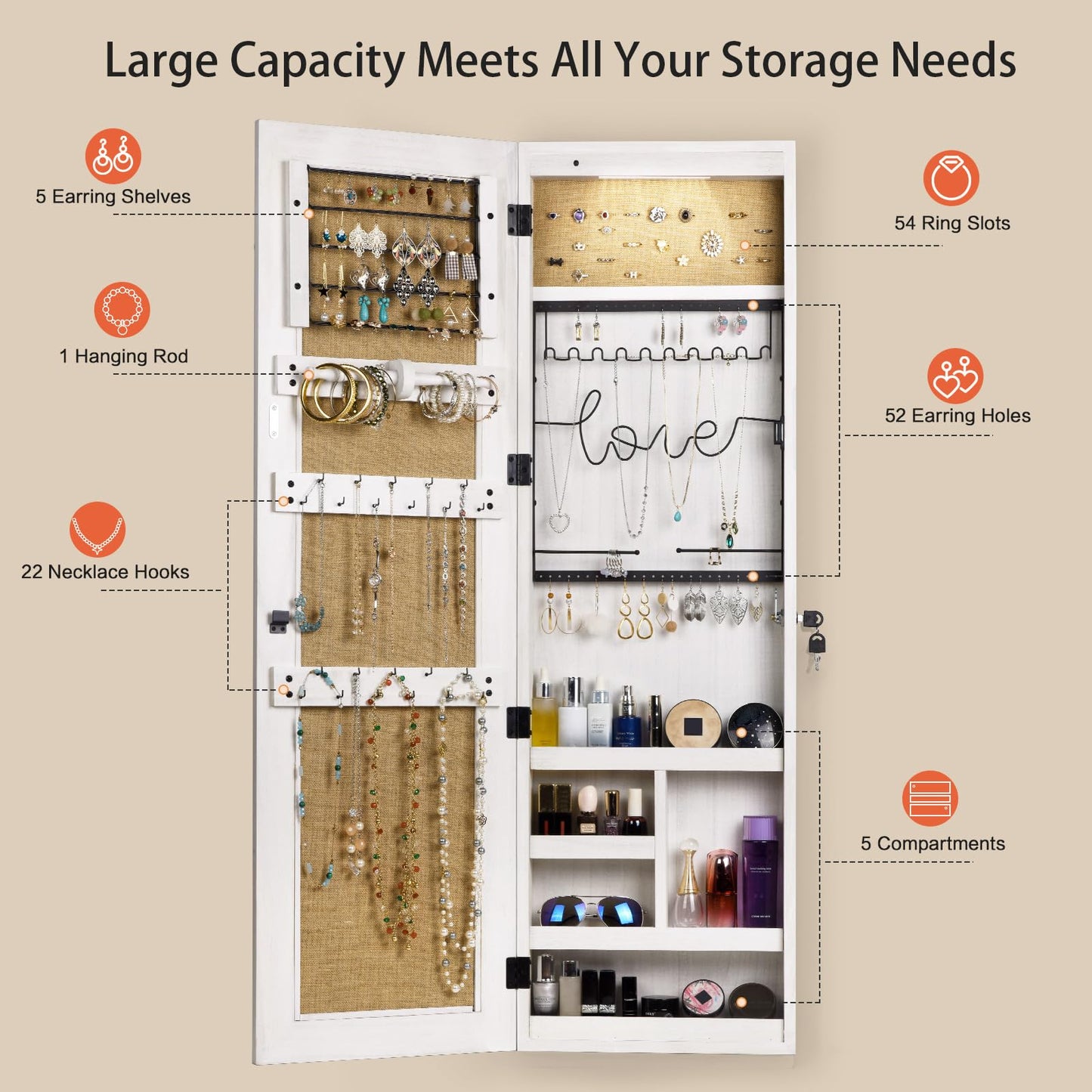 SRIWATANA Jewelry Armoire Cabinet, Solid Wood Jewelry Organizer with Full Length Mirror Wall/Door Mounted(Washed White)