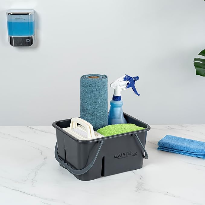 Restaurantware-Clean Tek Professional Cleaning Caddy, 1 Cleaning Supply Caddy With Handle - 4 Compartment, Multipurpose, Gray Plastic, All-Purpose, For Bathroom, Bedroom, Kitchen, Or Garden