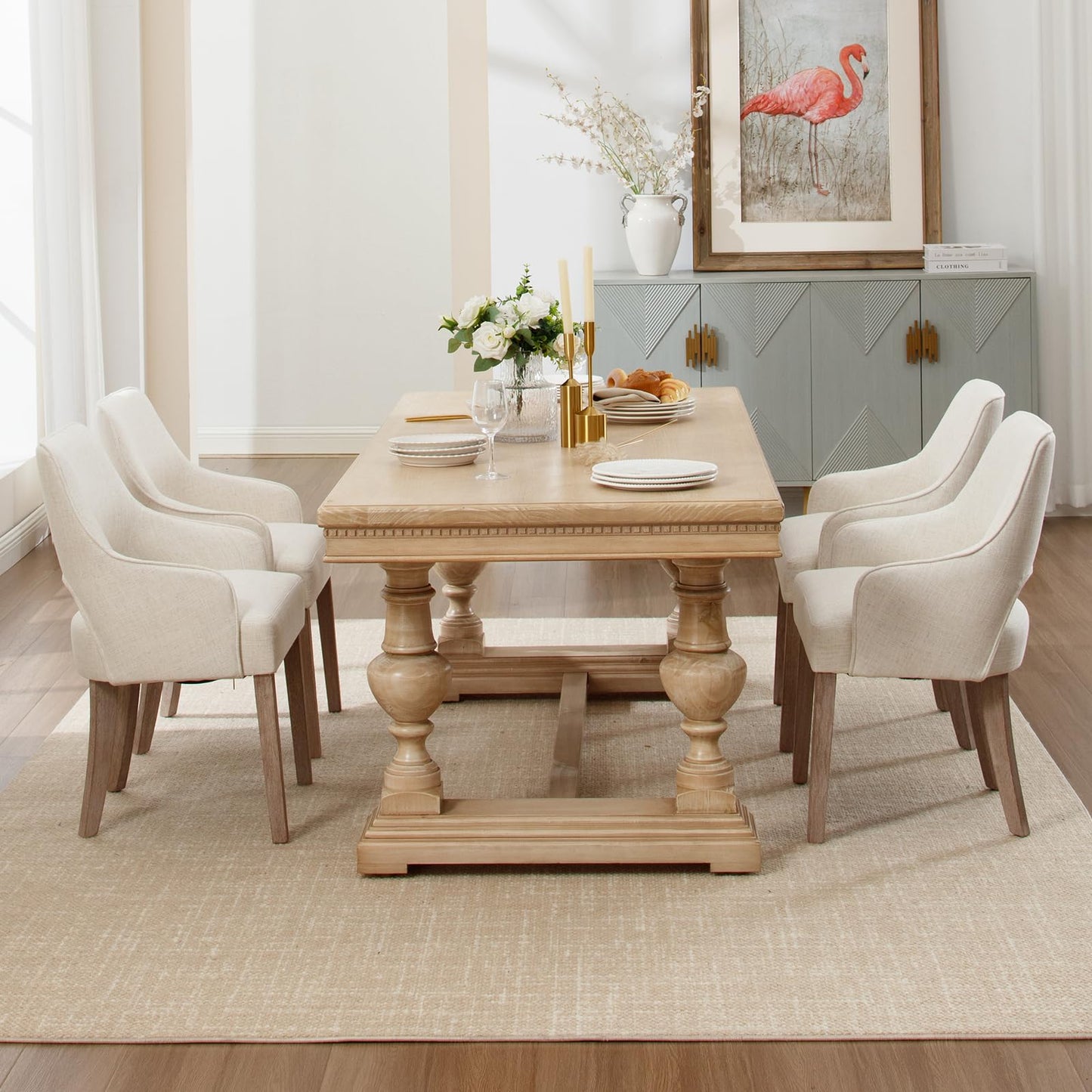 Kmax Linen Fabric Dining Chairs Set of 2 Upholstered Side Chairs Farmhouse Accent Chairs with Open Back Wood Legs for Dining Room Guest Room Restaurant, Cream(Wider Seats)