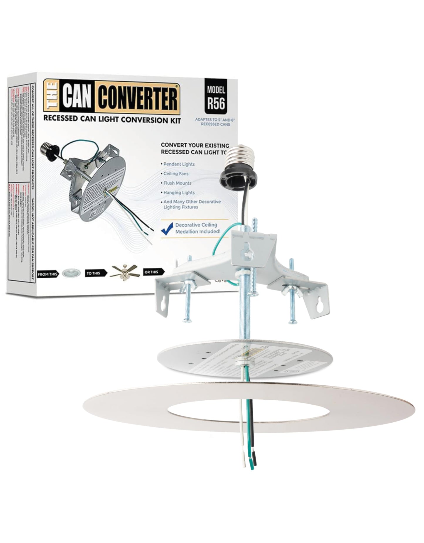 The Can Converter R56 Recessed Can Light Conversion Kit w/ 7"¾ Flat Ceiling Medallion - Home Improvement for 5" & 6" Cans, Converter Kit for Ceiling Fan & Light Fixture, UL Certified, Satin Nickel