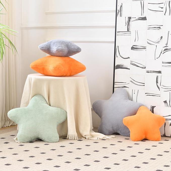 Xiashrk Star Pillow, Decorative Throw Pillows for Bed Couch, 15" Star Shaped Pillow Plush Floor Cushions Room Decor Pillow with Faux Rabbit Fur for Sofa Bedroom Living Room (Orange, 19.6" x 19.6")