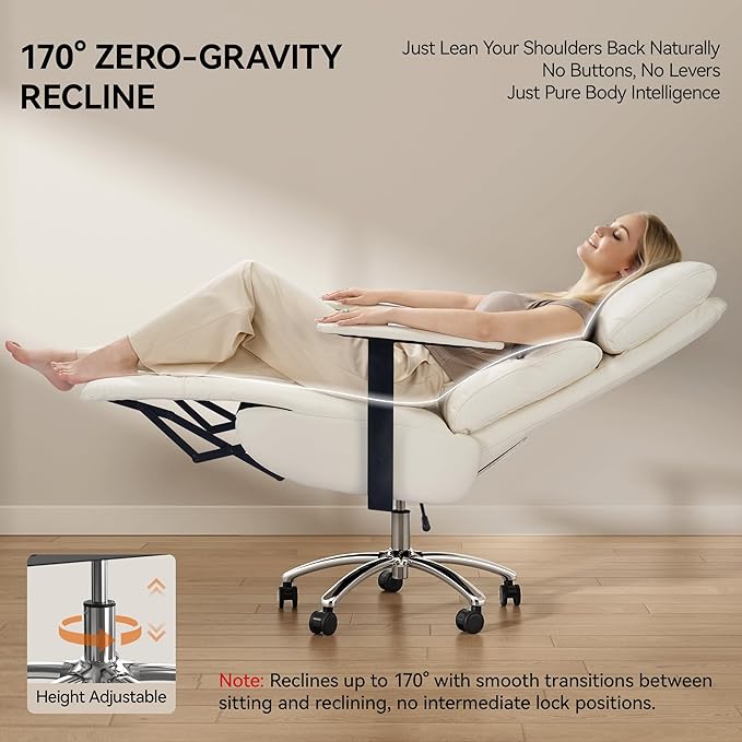 OKUP Reclining Office Chair with Adjustable Headrest and Footrest, 170° Ergonomic Comfortable Office Chair Zero Gravity, Leather Executive Home Office Desk Chair (Cream)