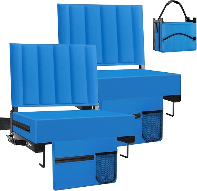 Aliphon Stadium Seat for Bleachers with Back Support and Cushion, Bleacher Seats with Shoulder Strap and Cup Holder, Padded Portable Folding Comfort Stadium Chair, for Sports Events, Blue (2pcs)