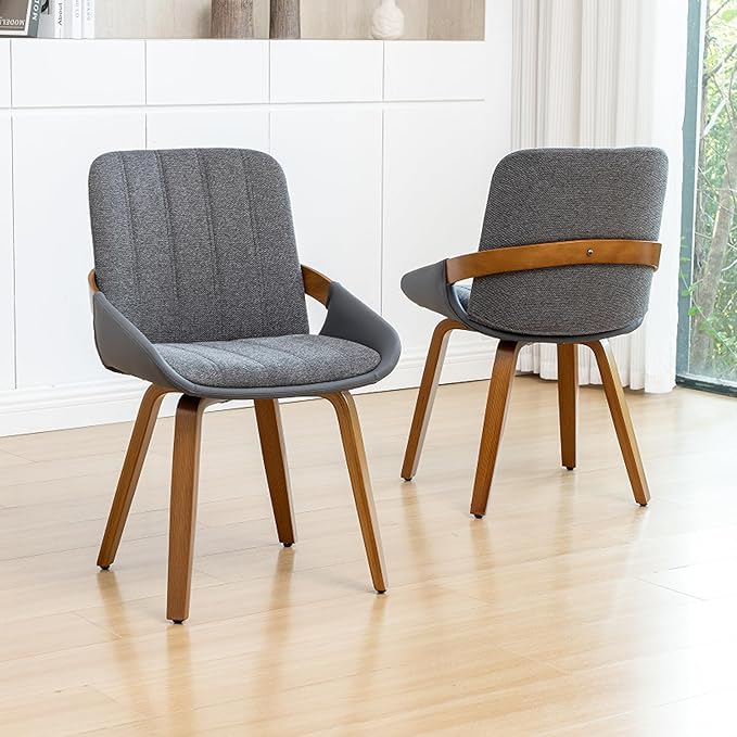 YOUUGIOR Dining Room Chairs,Mid Century Modern Gray Fabric+Faux Leather Kitchen Chairs Armless,Bamboo Legs Side Chairs No Wheels,Accent Chair for Dining Rooms,1PCS