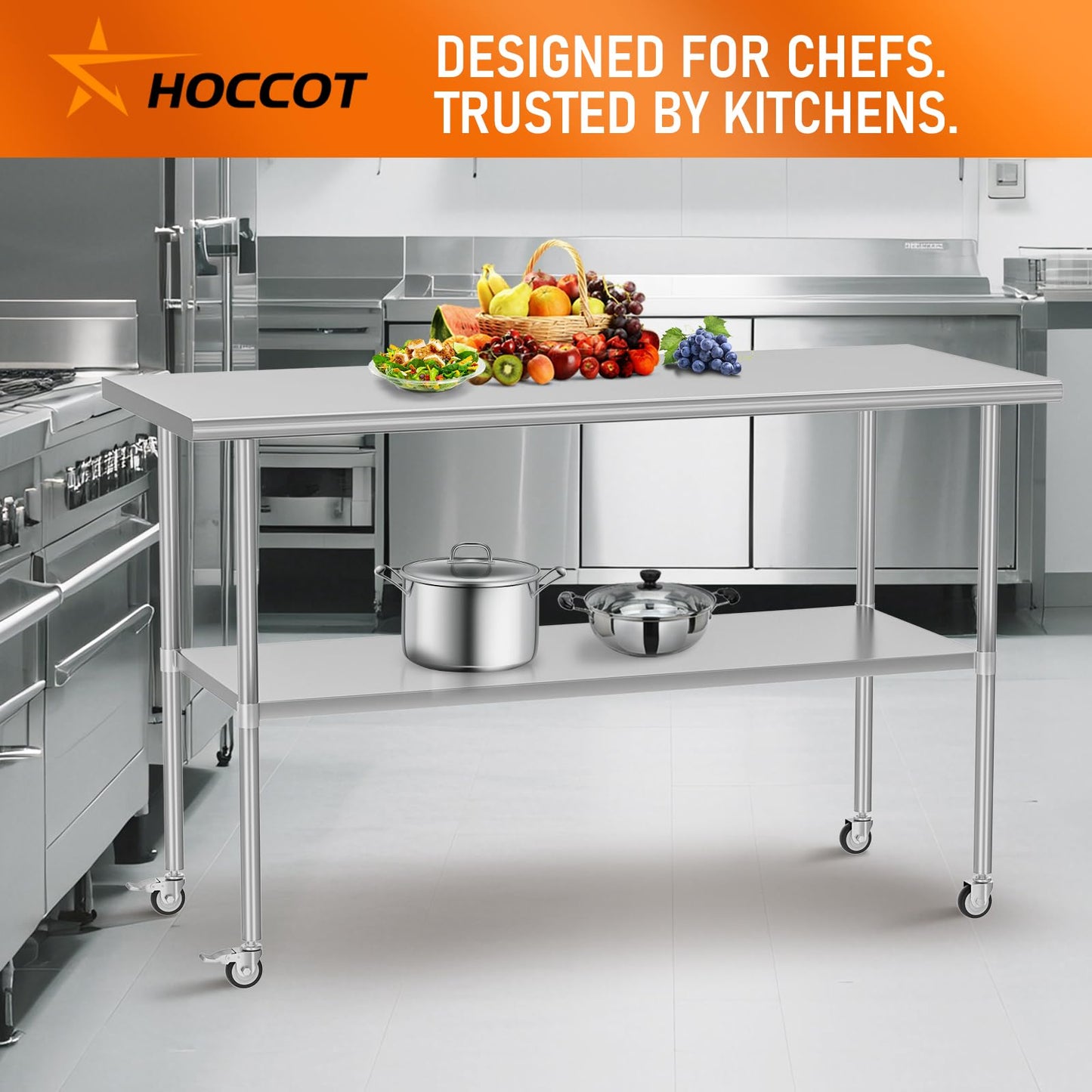 HOCCOT Stainless Steel Table with Wheels for Food Prep & Work 30" x 60" Utility Table with Adjustable Undershelf, Commercial Workstation in Kitchen, Garage, Outdoor BBQ