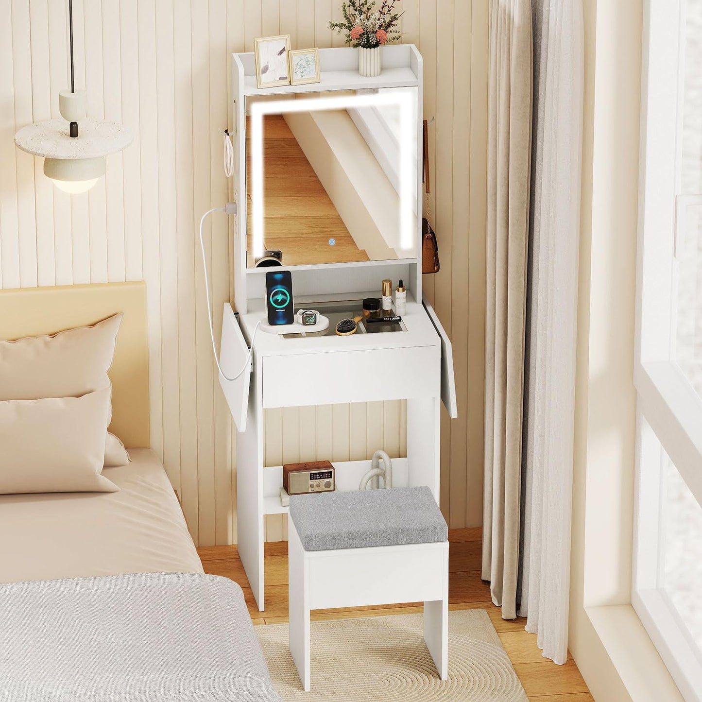 CHARMAID 20'' Girls Vanity Desk with Lighted Mirror & Charging Station, Glass Top Makeup Table with Fold-Up Side Panels, Mirrored Cabinet, Drawer & Storage Stool for Bedroom Small Place (White)