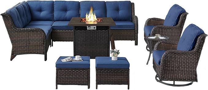 Belord Outdoor Sectional Furniture Sofa Set with Propane Fire Pit Table, Wicker Patio Conversation Set with 2 Swivel Rocker Glider Chairs Blue Cushion Perfect for Backyard Casual Gathering