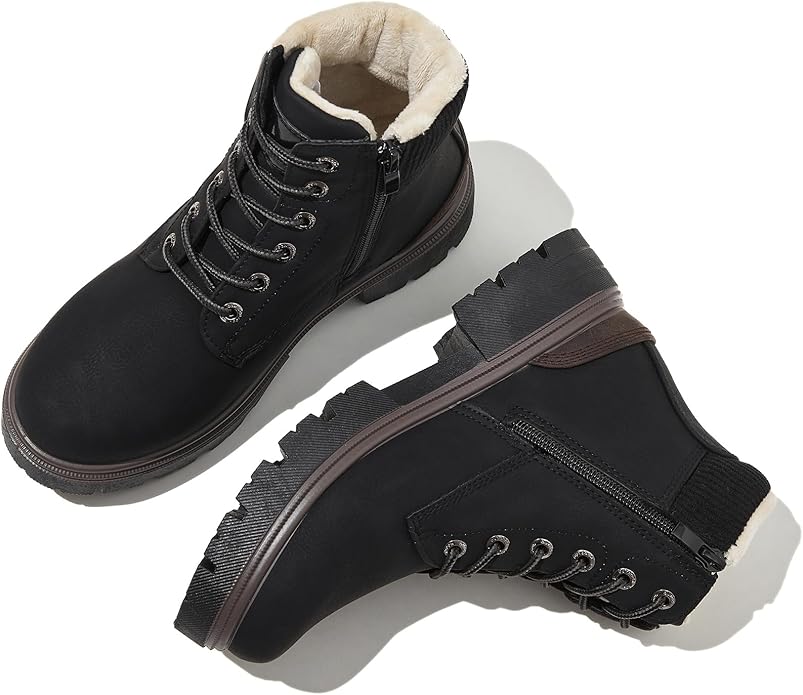 FINIWOR Ankle Boots for Women Hiking Boot Women Combat Boots Lace Up Womens Snow Boots Waterproof Fur Winter Boots Black B...