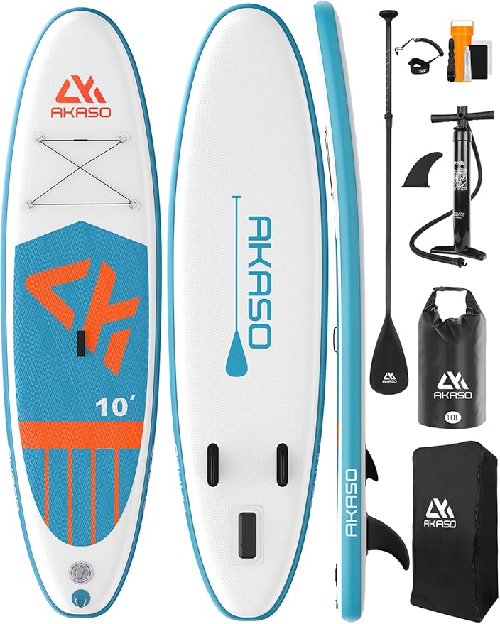 AKASO Inflatable Stand-Up Paddleboard, Yoga SUP with Backpack, Non-Slip Deck, Waterproof Bag, Leash, Floating Paddle and H...