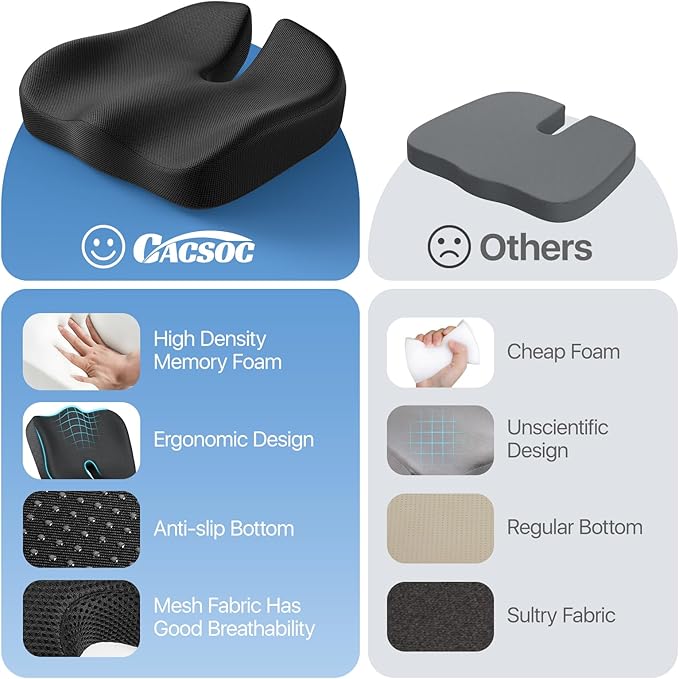 CJACSOC Seat Cushion, Extra Large Memory Foam Cushion for Office Chair Cushions, Ergonomic Cushions Pad Pillow for Pressure Relief Sciatica & Pain Relief for Long Sitting